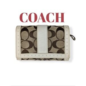 Coach Signature Wallet Khaki Canvas White Perforated Leather Trim Zip Folding